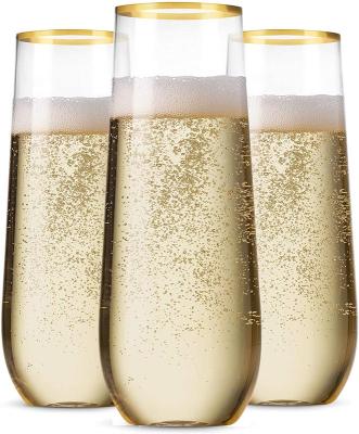 China 10oz Stemless Champagne Flute Unbreakable Champagne Glass Stemless Plastic Champagne Flutes Gold Rim for sale