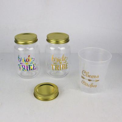 China Free Custom Plastic Lid 16oz Disposable Plastic Mason Cup Wholesale Food Grade BPA Mason Jar Cups With Aluminum for sale