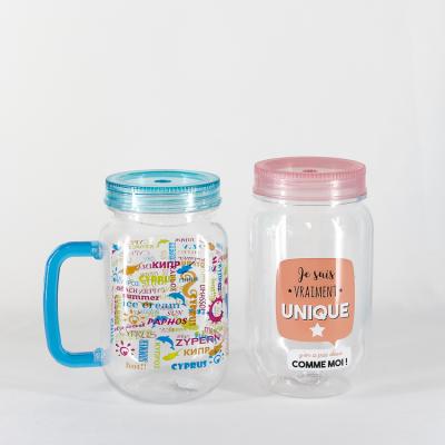 China Disposable Printing Custom Plastic Mason Jar With Stainless Steel Straw For Drinking for sale