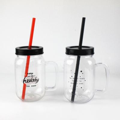 China Free Space 16oz Viable Wholesale Colorful Mason Jar Drinking Cock Mason Jar Plastic Cup With Handle for sale