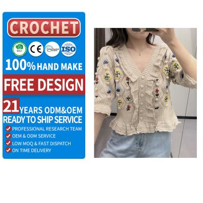 China Anti-wrinkle trend 3D flower pattern half sleeve solid graphic knitwear embroidery top cardigan crochet for sale