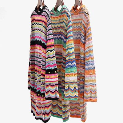 China Autumn Winter Knitwear Rainbow Striped Long Sleeve Breathable Slim Fit Sweater Knitted Crochet Dress for sale