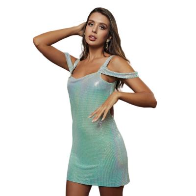 China Viable Design Blue Cheap Net Sleeveless Thin Drill Direct Selling Direct Selling Shoulder Strap Dress for sale