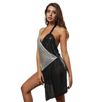 China Viable Design Black and White Asymmetrical Net Sleeveless Backless Drill Style Net Dress for sale