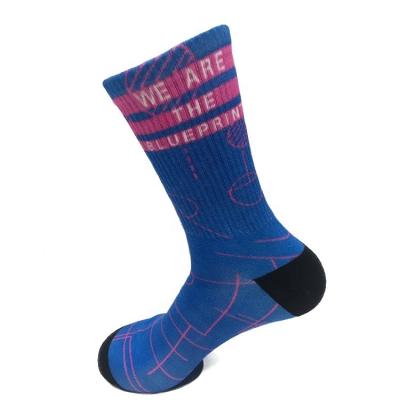 China 360 Degree Printing Effect Custom Logo Cotton Socks with Cuff Design and 18% Polyester for sale