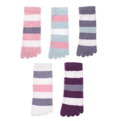 China Anti Slip Ladies Coral Fleece Five-Finger Winter Thick Cozy Striped Five Toes Daily Socks for sale