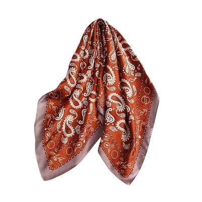 China Brick Red Square Paisley Pattern Printed Rectangular Silk Bandana Square Neck Scarf Silk Neck Scarf For Fashion Women for sale