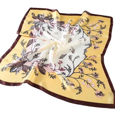 China 100 Polyester Chinese Style Yellow Square Flower Head Scarf Printing Loose Satin Hair Sash for sale