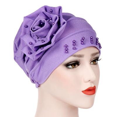 China Muslim Daily Lifestyle Headwear Hair Accessories Beads Flower Turban Women Beaded Hijab Hat for sale