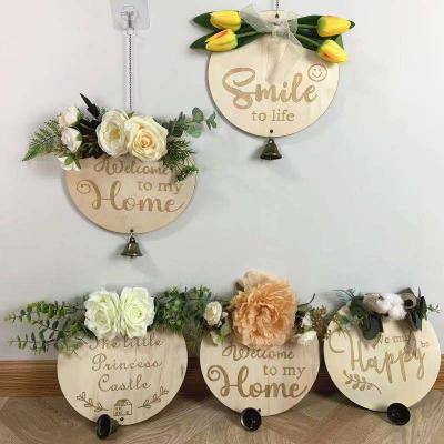 China China Wooden Round Home Door Sign Hanging Welcome Sign With Flower English Welcome Plaque Wood List Crafts for sale