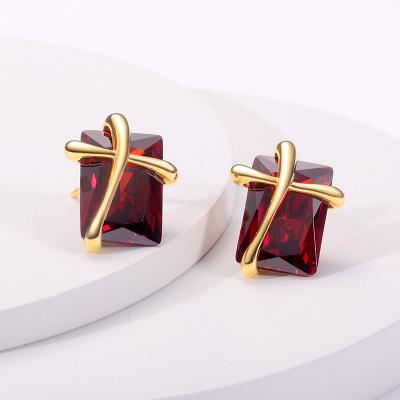 China FASHIONABLE Exquisite Red Rectangular Zirconia 925 Rhinestone Earring Dropshipping Sterling Silver Gold Plated Earrings Fine Jewelry for sale