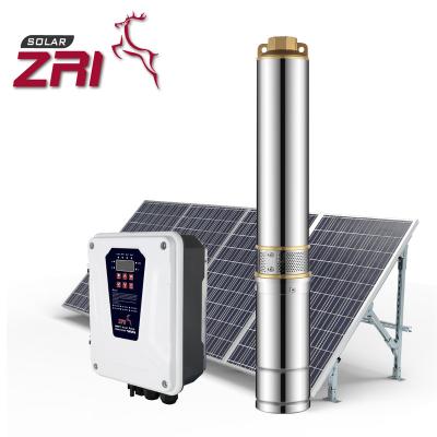 China ZRI family homes 4 inch solar powered water pump, centrifugal submersible solar water pump, solar pump for deep well with MPPT controller for sale