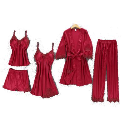 China Breathable Pajamas Women Sleepwear Night Robes For Women Satin Long Robe Set Pajamas 5 Pieces Nightgown For Honeymoon for sale