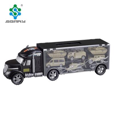 China Friction Toy Army Transport Vehicle Truck Carry Case Toy Transporter Truck With Car Flat Tank for sale