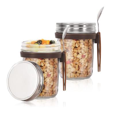 China Wide Mouth 10oz Fruit Salad Microwavable Airtight Leak Proof Overnight Oats Jars With Spoon And Lid for sale