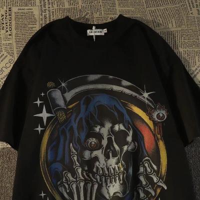 China New niche loose handsome summer men's and women's dark short oversized couples of European hip-hop skull street style anti-pilling sleeve T-shirt for sale