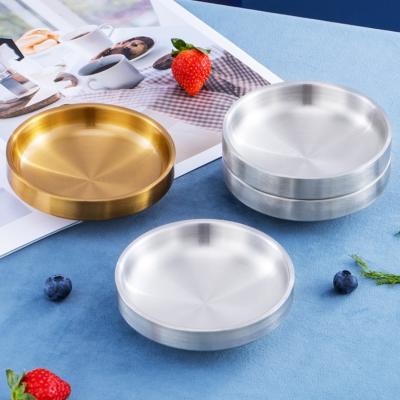 China Sustainable Wholesale Stainless Steel Gold Plated Kimchi Dish Wall Sauce Vinegar Dish Snack Dish Double Bowl for sale