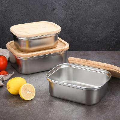 China Wholesale Rectangle Lunch Box Stocked 304 Stainless Steel Single Layer Bento Box With Natural Wood Lid for sale