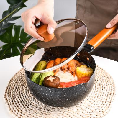 China Non Sustainable Stick Wok Pan Stainless Steel Serving Pans Medical Snow Stone Pots And Pans Set With Wooden Hand for sale