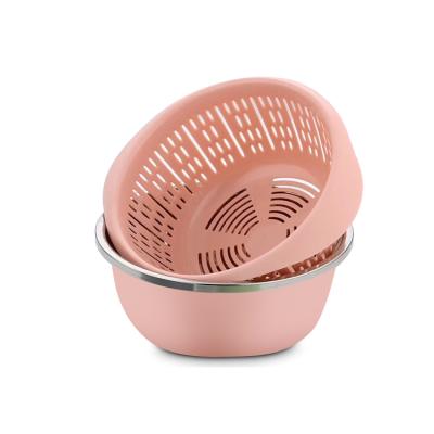 China Cheap Stocked Stainless Steel Kitchen Colanders 2 In 1 Plastic Metal Drain Basin Basket Fruit Vegetable Sieve Bowl Set for sale