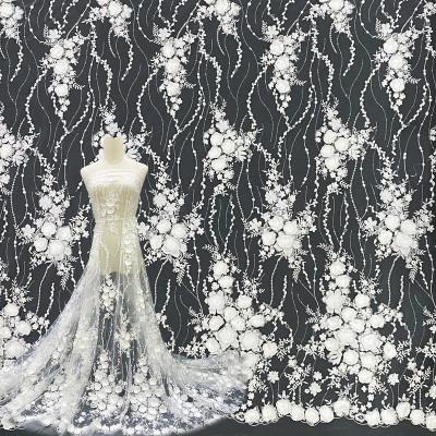 China Viable White Net Lace Mesh Embroidery Tulle Luxury 3d Flower Lace Fabric For Wedding Dress for sale