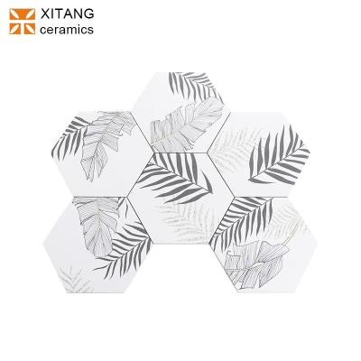 China 200x230mm Kitchen Tree Leaf Design Hexagon Porcelain Floor And Wall Tile For Kitchen Bathroom Balcony Hotel Wine Bar for sale