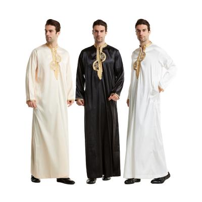 China High Quality Casual Modern Arabic Middle East Muslim Stand Collar Embroidered Mens Long Robe Silk Gent's Islamic Thobe Kaftan for sale