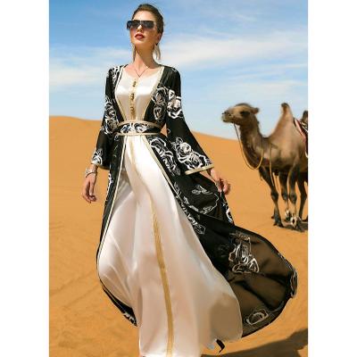 China Long Heavy Industry Flower Ladies Two Piece Black And White Casual Modern Luxurious Arabic Embroidery Dress With Belt Ethnic Style Dress for sale