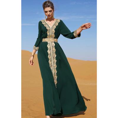 China Casual modern fashionable gorgeous lace caftan women kaftan dresses lace patchwork belted ladies Muslim dress Jellaba v-neck turkey fashion for sale