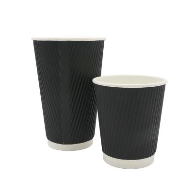 China 12oz Disposable Black Ripple Wall Coffee Wrapping Paper Double Printed Cups And Lids for sale