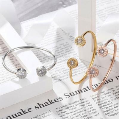 China Vintage Hot Sale Stainless Steel Roman Numerals Golden Silver Rose Gold Bangle Opening Adjustment C-shaped Diamond Bracelet for sale