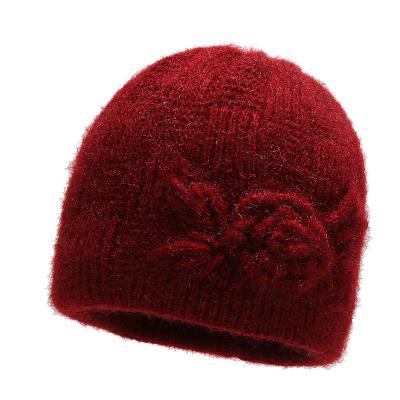 China Dome Old Lady Knitted Hat Women's Foreign Trade New Fashion Ins Flower Wool Hat with Velvet Warm Mother and Grandma Hat for sale