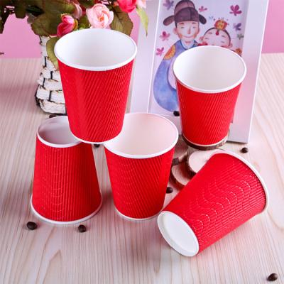 China 12 Ounce Disposable Ripple Red Triple Wall Disposable Paper Coffee Cups for sale