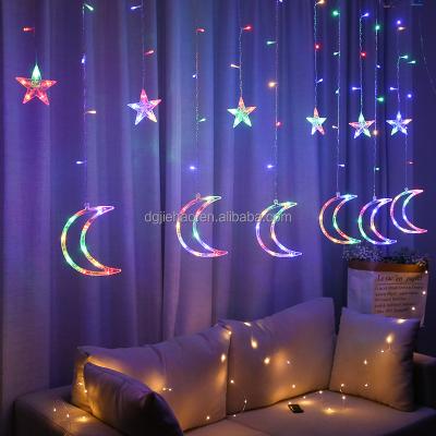 China Type 2021 New Warm White Flashing LED Eid String Decorations Star Pentagon Star Solar Panel Decoration Star Moon Curtain Light Party Room Decoration for sale