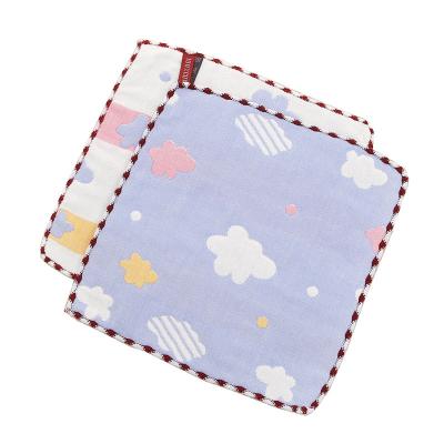 China Comfy child's pure cotton six layer gauze absorbent babyshark face saliva hanging square lace clouds blue baby yoda towel for sale