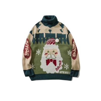 China Anti-pilling 2022 New Design Christmas Sweater Lapel Tops Warm Ugly Green Long Sleeve Men And Women Cartoon Jacquard Knitted Warm Coat for sale