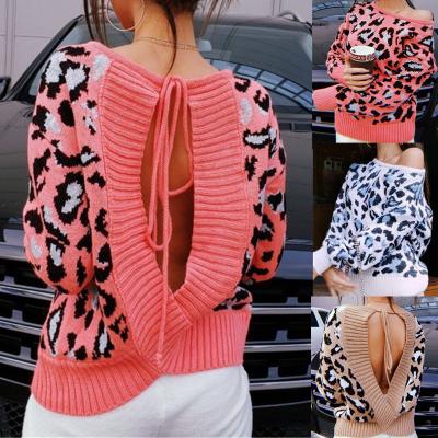 China Enovin Design Rose Leopard Jacquard Sweaters Women Anti-Wrinkle Backless Long Sleeve High Tops Diagonal Shoulder Knit Ladies for sale