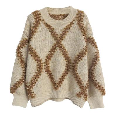 China Anti-wrinkle Enovin women's fall/winter sweater 2021 new loose knit gold yarn lozinger jacquard long sleeve crewneck sweater for sale