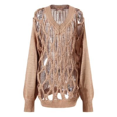 China Pure Crochet Autumn Waist V-Neck Sweater Plus Hand Solid Hollow Knitted Long Sleeve Women's Sweater for sale