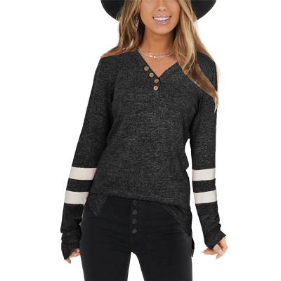 China 2021 New Guangzhou Factory Wholesale Women's Anti-Wrinkle Black Stripe V-neck Long Sleeve Casual Knitted Loose T-shirt Sweater for sale