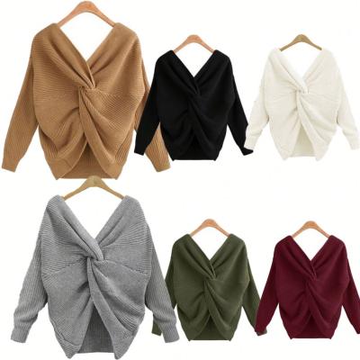 China Anti-wrinkle backless irregular crisscross knit back v neck sweater for women for sale