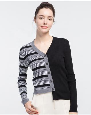 China 2021Custom Anti-wrinkle OEM high quality pure wool women's cardigan irregular v neckline knit sheath long striped sweaters for sale