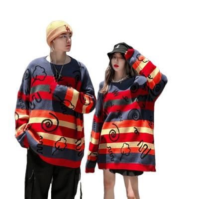 China Anti-wrinkle fashion men's knitwear color striped korean hip-hop hanging shoulder round neck sweater lovers SWEATERS for sale