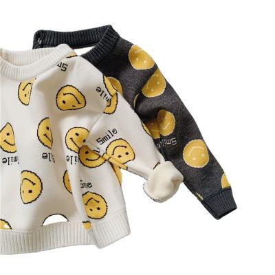 China 2022 Winter Children's Anti-pilling Thick Cotton Striped Knitting Smiling Boys And Girls Crew Neck Face Sleeves Pullover Warm Children Sweater Long for sale