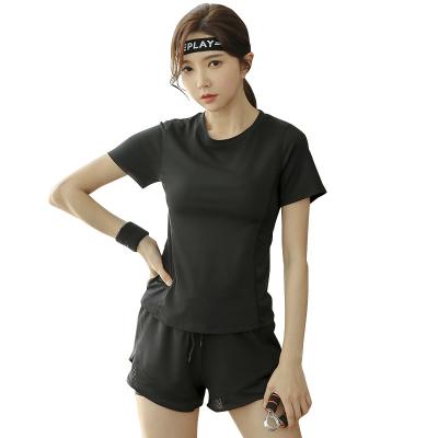 China Breathable Yoga Suit 3 Piece Sports Suit Women Short Sleeve T-shirt Sports Suit Women Quick Dry Summer Style Fitness Running Slim Suit 2 Piece Set for sale