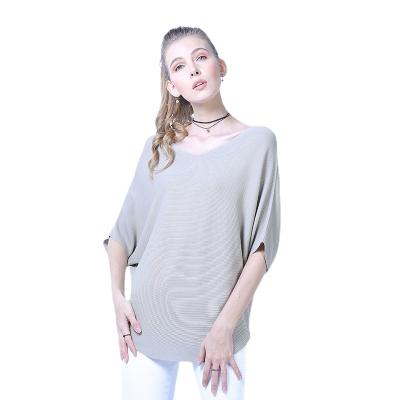 China 2021 Summer New Double Sleeve Bat Short Curved T-shirt Women's Breathable Leisure Round Neck Solid Color Knitted Sweater Women for sale