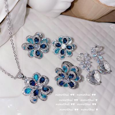 China High Quality Jewelry Set Jewelry Supplies Women Wedding Luxury Jewelry Set Sapphire Earrings Zircon Flower Diamond Pendant Necklace for sale