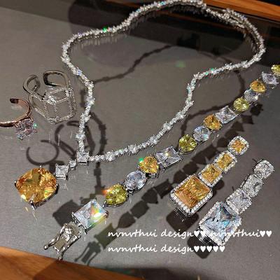 China FASHIONABLE Luxury Gold Zircon Gem 18K Vintage Topaz Diamond Full Diamond Bracelet Necklace Earrings Jewelry Set for sale