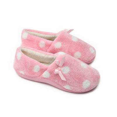 China Lightweight Customized Women Dot Print Flannel Terry Lined Closed Back Home Soft Shoes Indoor Slippers With Bow for sale