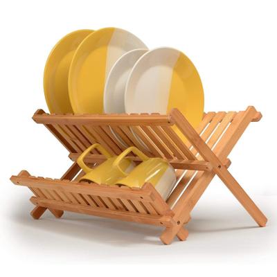 China Sustainable Kitchen Dish Storage Adjustable Rack Dish Rack Bamboo Foldable Dish Draining Rack for sale